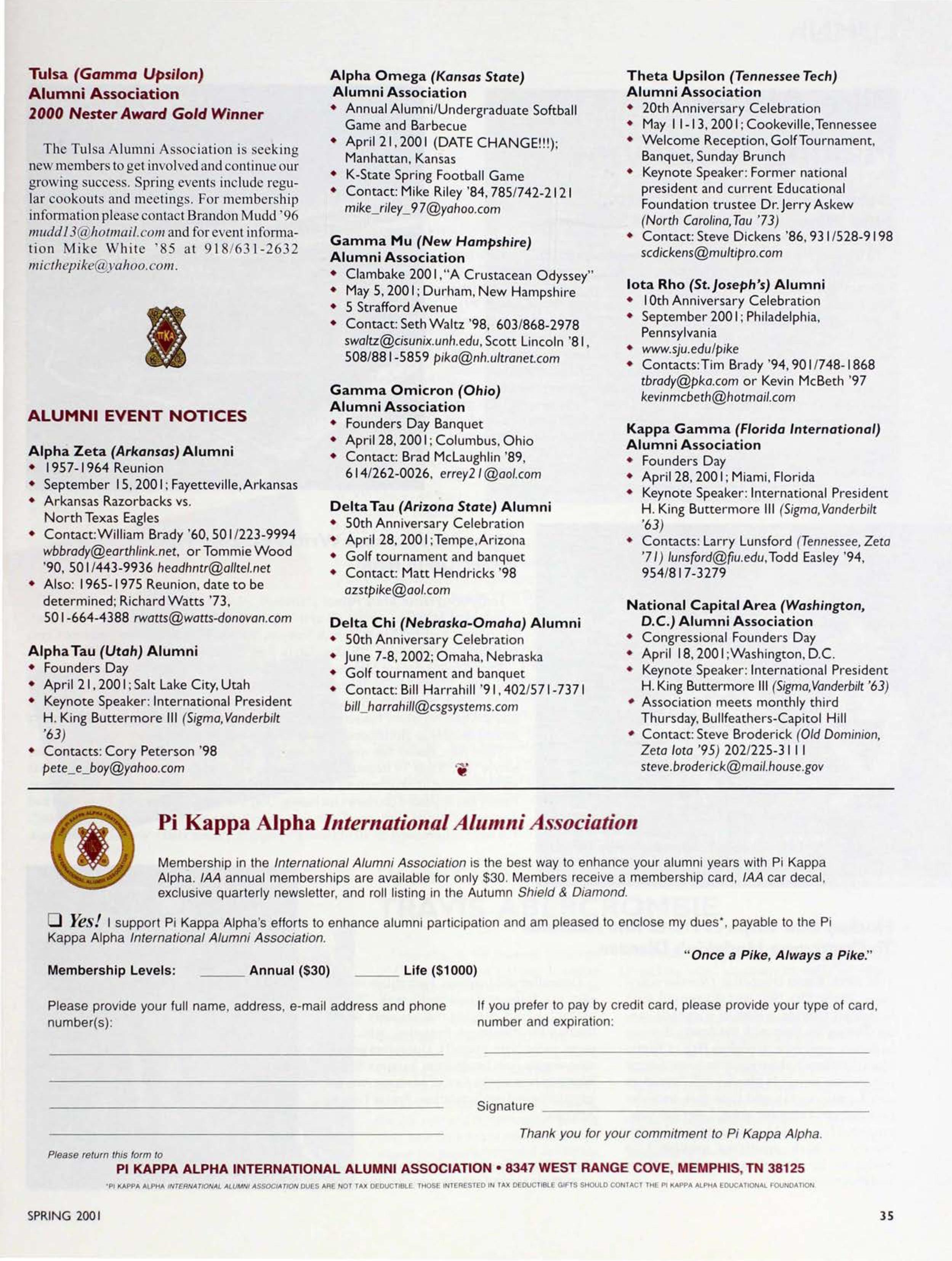 Pi Kappa Alpha International Alumni Association Form, Spring 2001